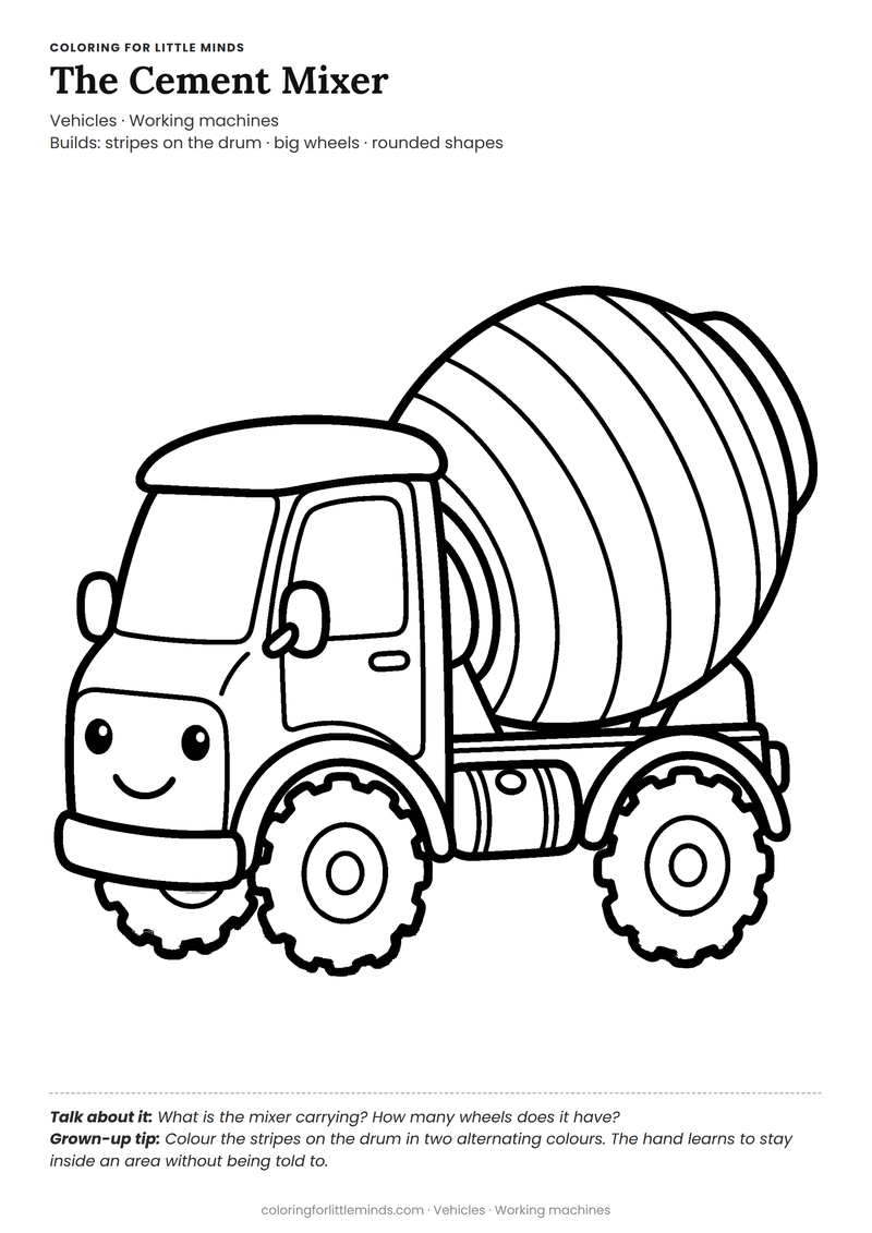 Cement mixer coloring page for ages 4–5 — free full-size printable PDF