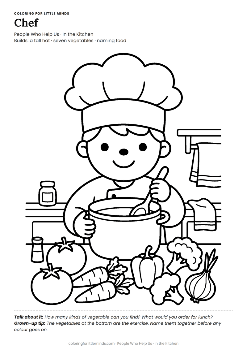 Chef coloring page for ages 5–6 — free full-size printable PDF