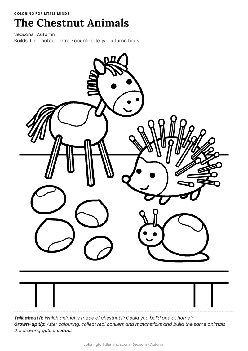 Chestnut animals craft coloring page for ages 4–5 — free full-size printable PDF