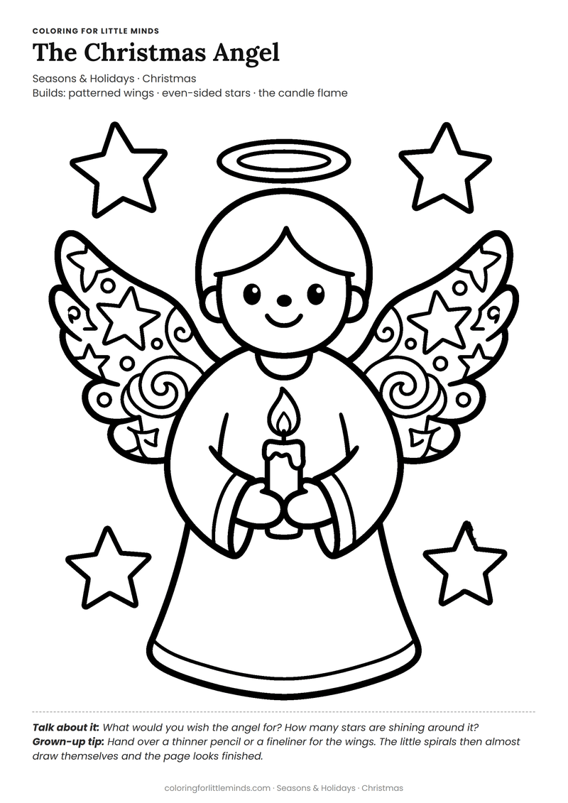 Christmas angel coloring page for ages 5–6 — free full-size printable PDF