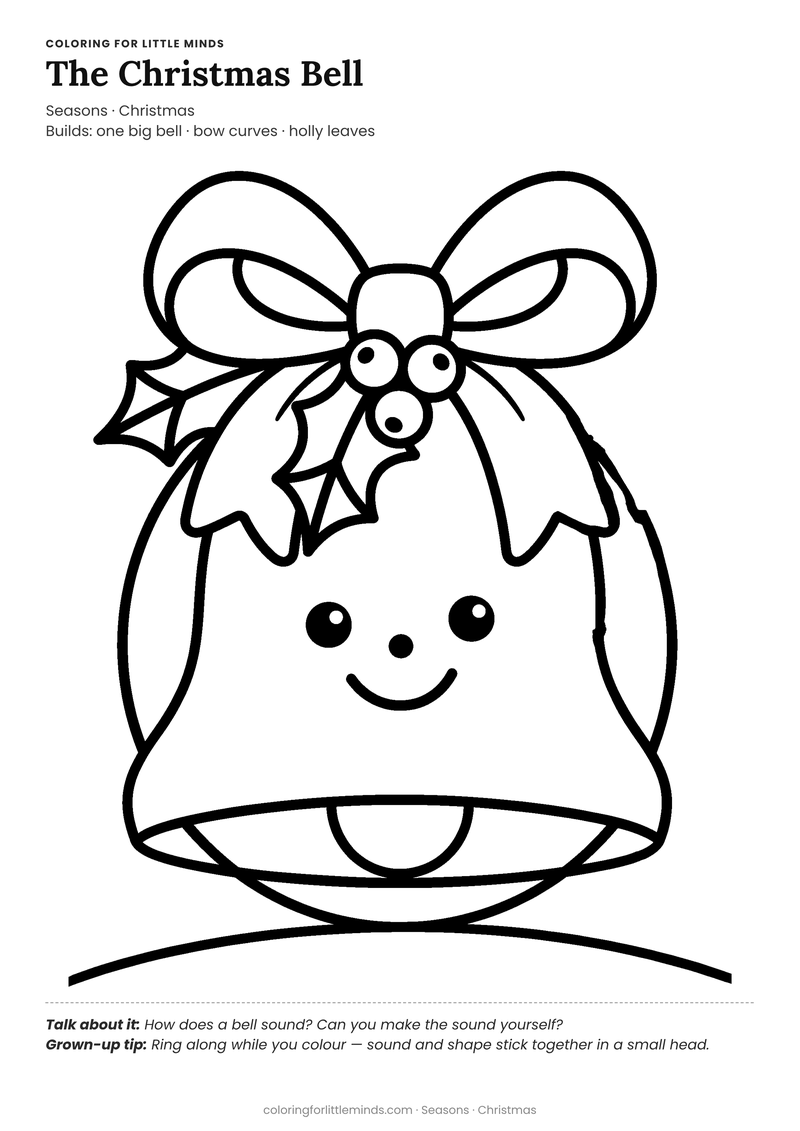 Christmas bell coloring page for ages 3–4 — free full-size printable PDF