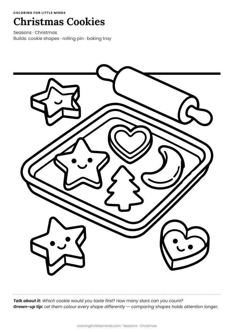 Christmas cookies coloring page for ages 4–5 — free full-size printable PDF