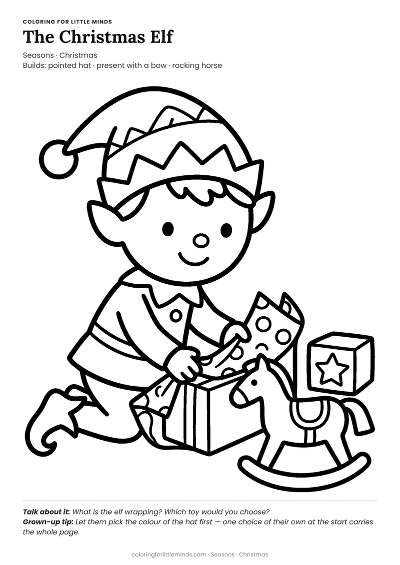 Christmas elf coloring page for ages 4–5 — free full-size printable PDF