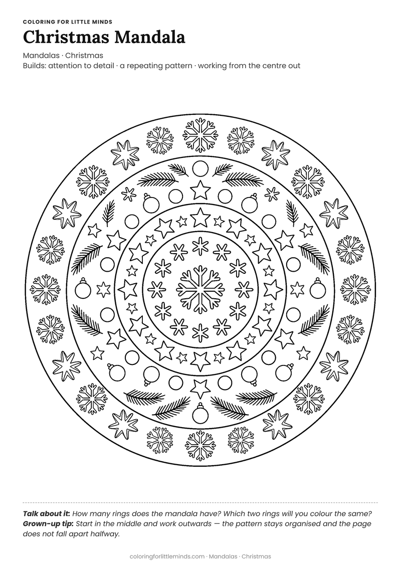 Christmas mandala coloring page for ages 6–8 — free full-size printable PDF