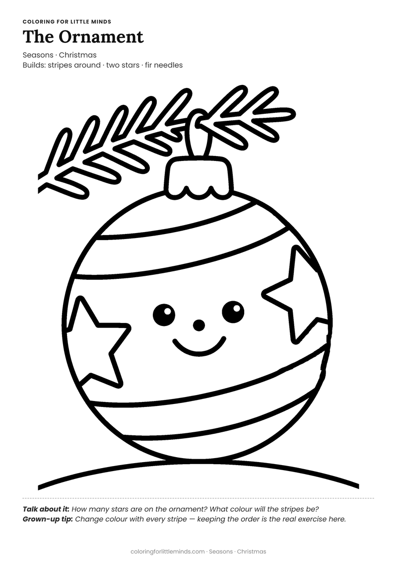 Christmas ornament coloring page for ages 3–4 — free full-size printable PDF