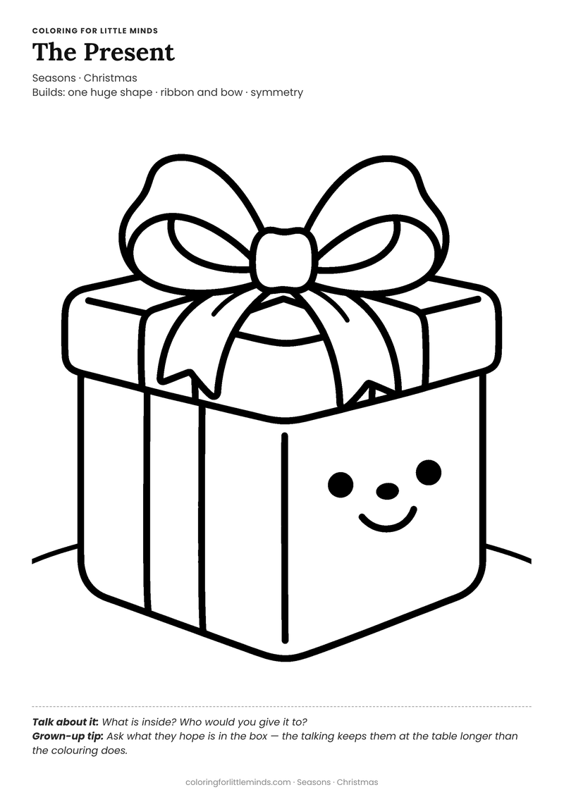 Christmas present coloring page for ages 2–3 — free full-size printable PDF