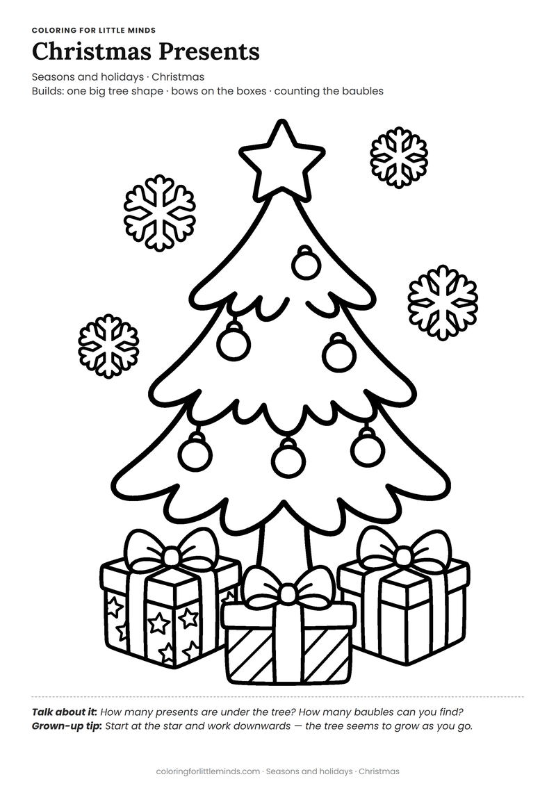 Christmas presents coloring page for ages 4–5 — free full-size printable PDF