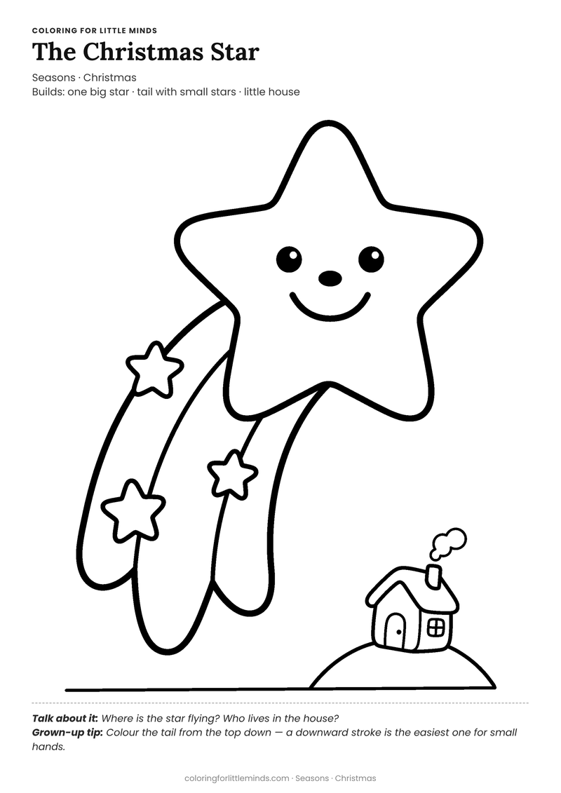 Christmas star coloring page for ages 3–4 — free full-size printable PDF