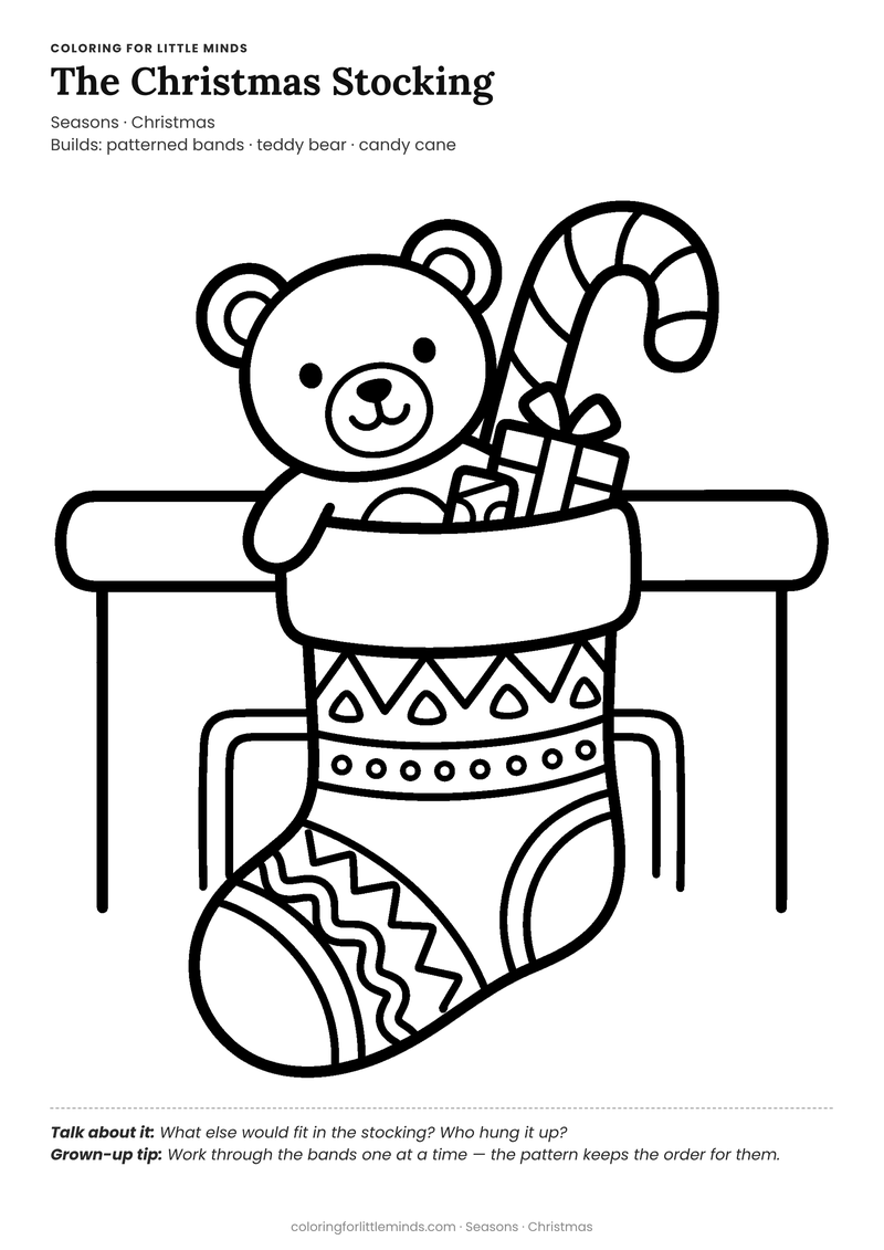 Christmas stocking coloring page for ages 4–5 — free full-size printable PDF