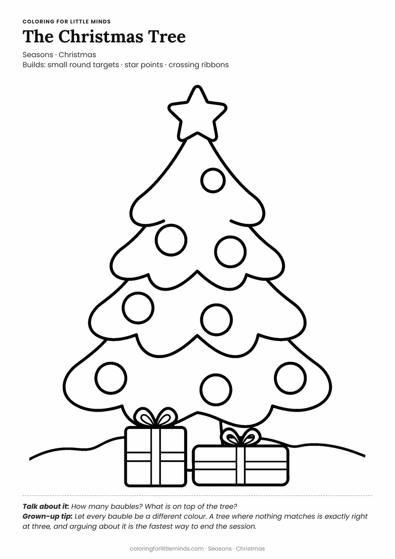 Christmas tree coloring page for ages 3–4 — free printable preview