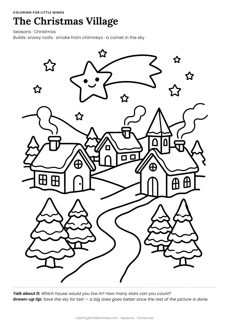 Christmas village coloring page for ages 5–6 — free full-size printable PDF