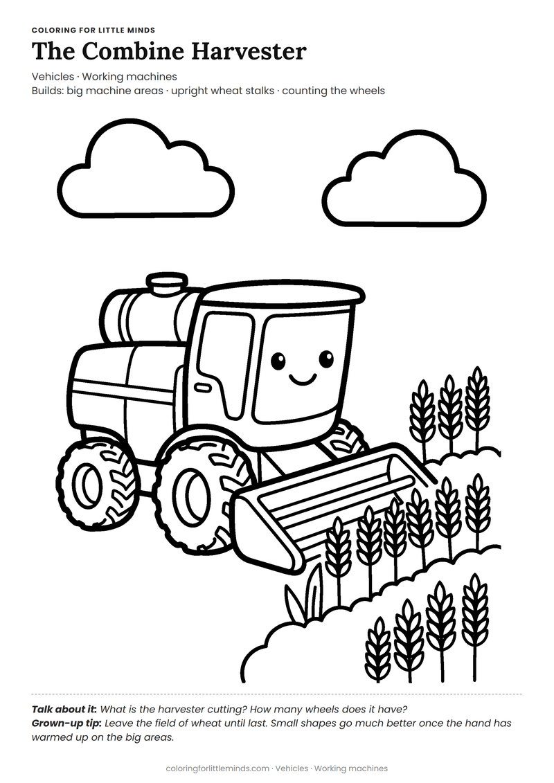Combine harvester coloring page for ages 4–5 — free full-size printable PDF