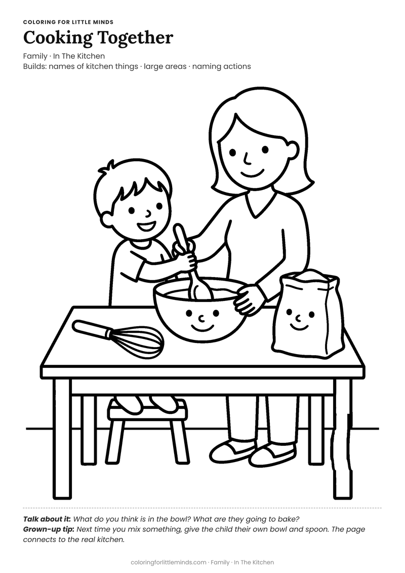 Cooking coloring page for ages 4–5 — free full-size printable PDF