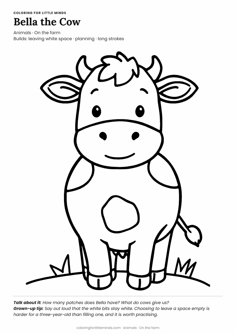 Cow coloring page for ages 3–4 — free printable preview