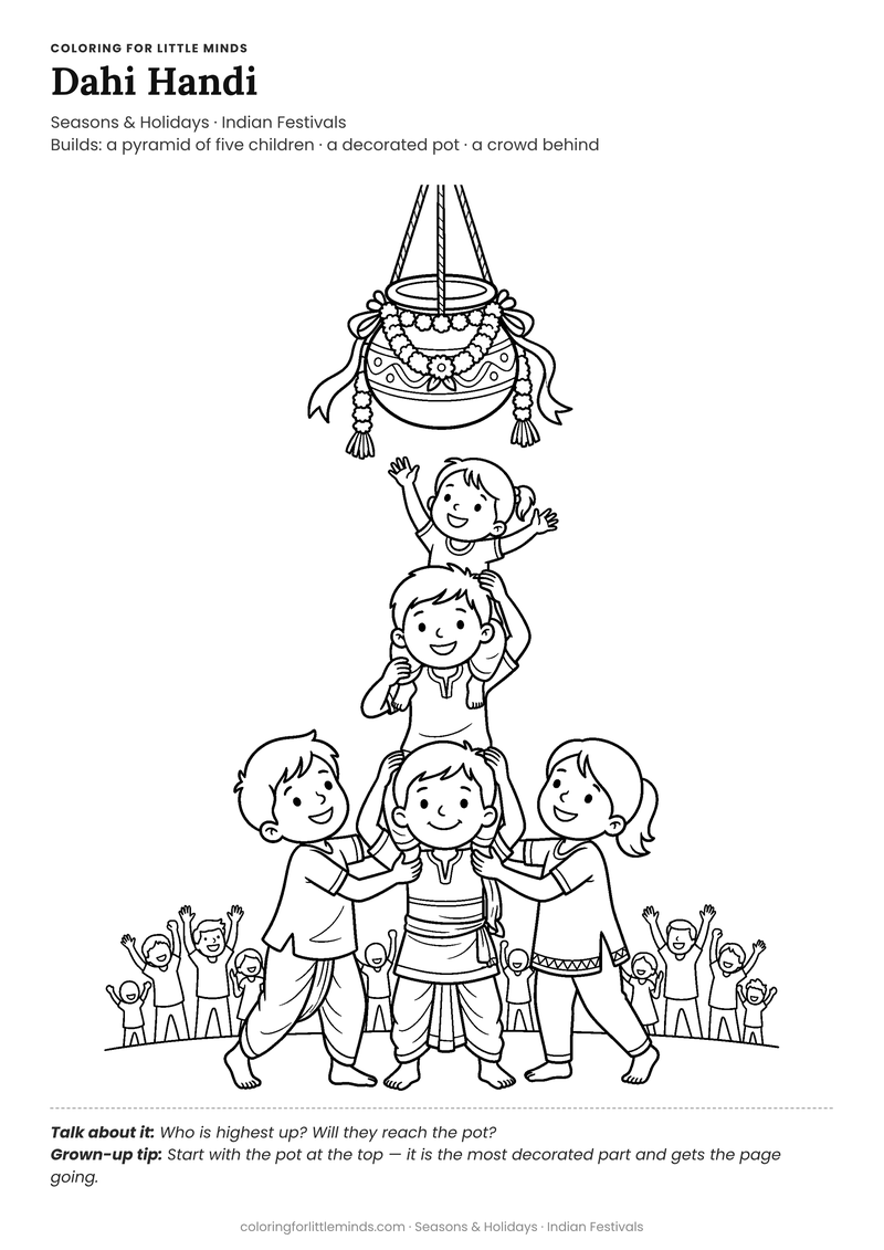 Dahi handi coloring page for ages 6–8 — free full-size printable PDF