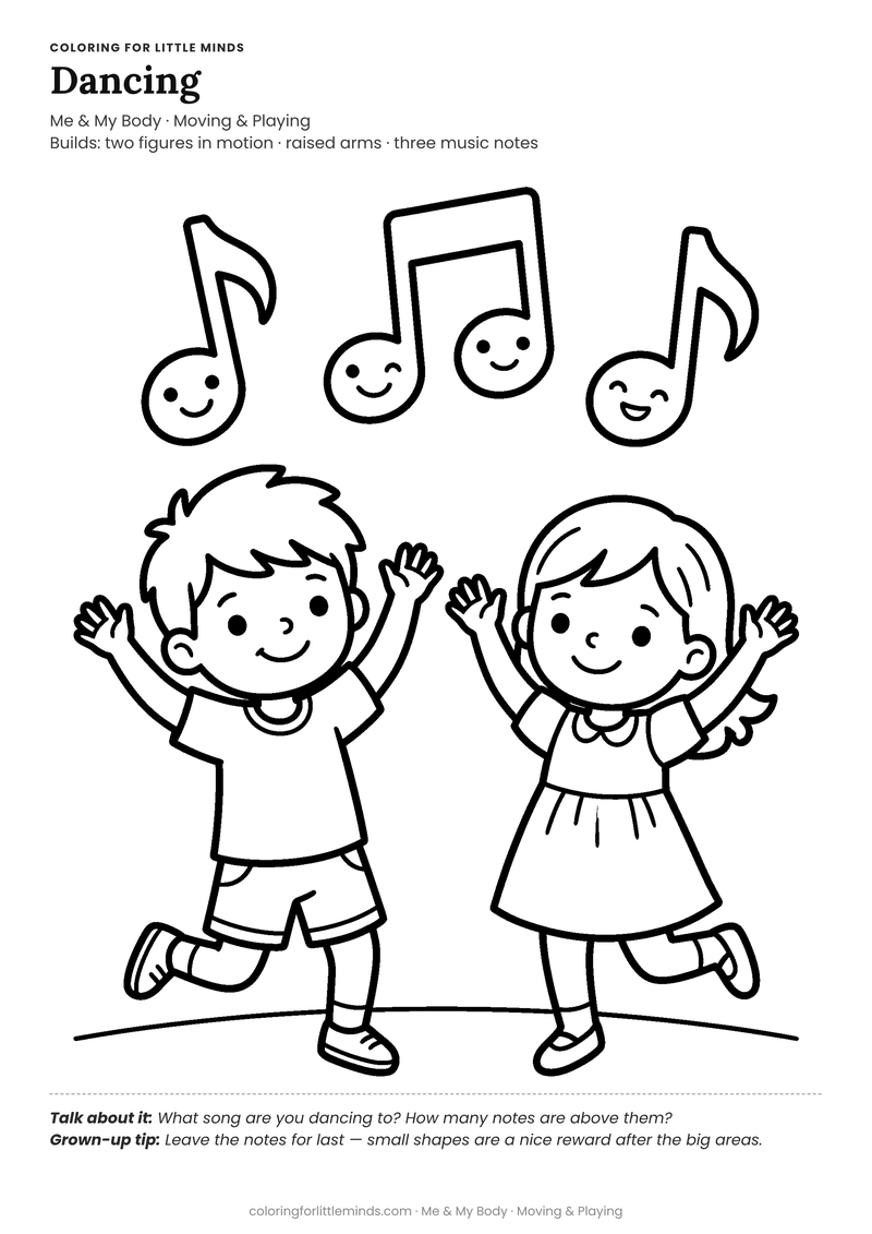 Dancing coloring page for ages 4–5 — free full-size printable PDF