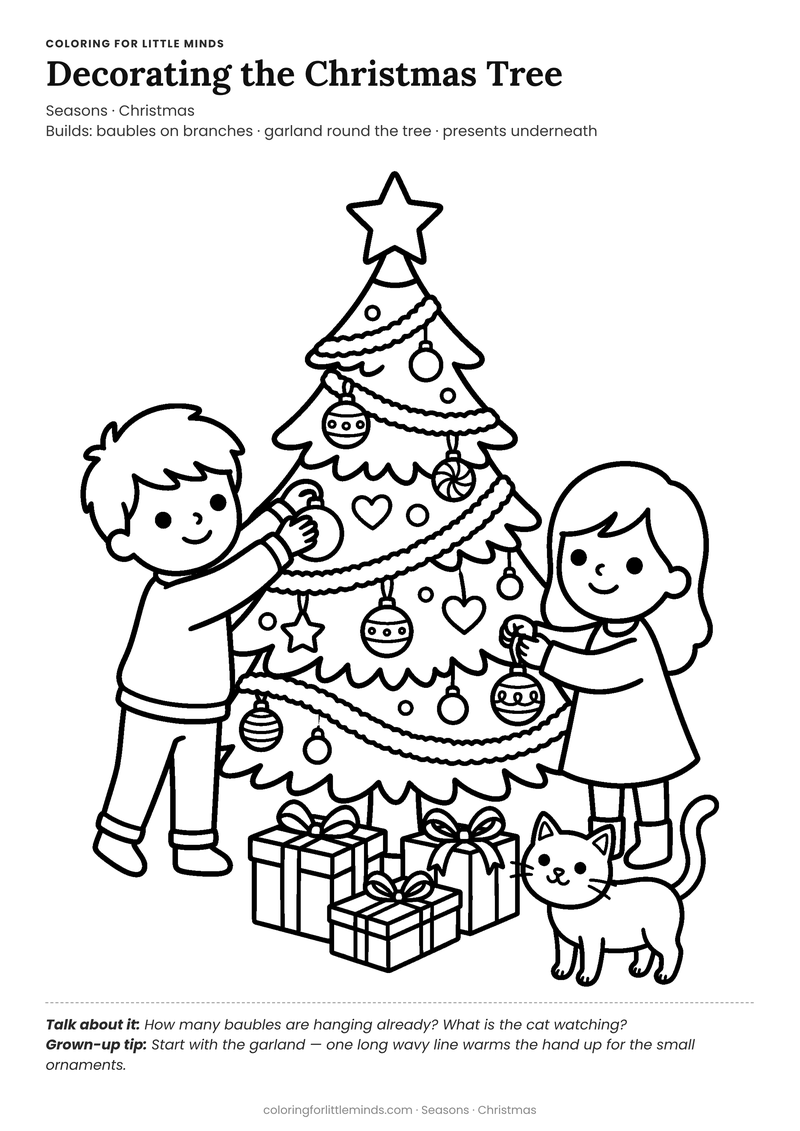 Decorating the christmas tree coloring page for ages 5–6 — free full-size printable PDF
