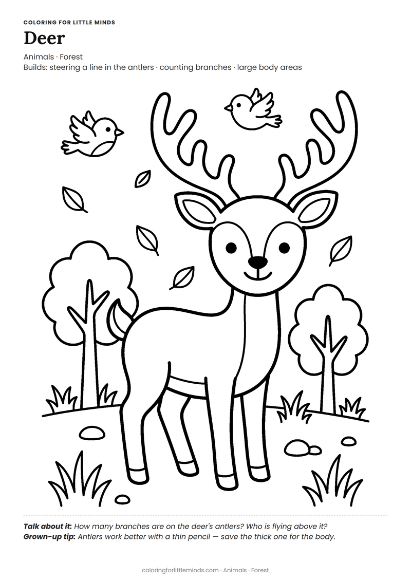 Deer coloring page for ages 5–6 — free full-size printable PDF