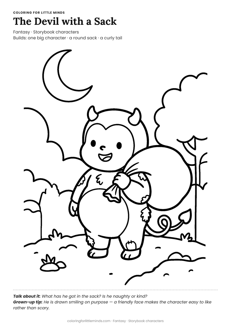 Friendly devil coloring page for ages 4–5 — free full-size printable PDF