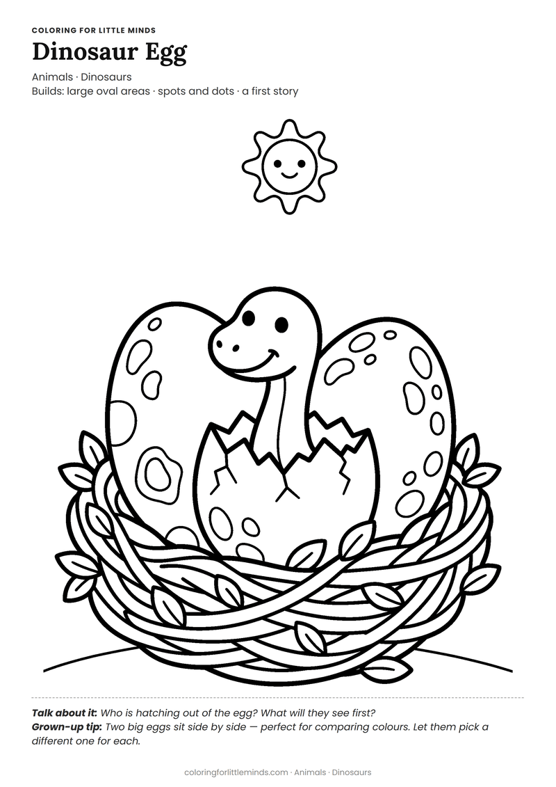Dinosaur egg coloring page for ages 3–4 — free full-size printable PDF