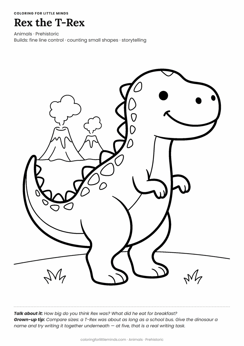 Dinosaur coloring page for ages 5–6 — free printable preview