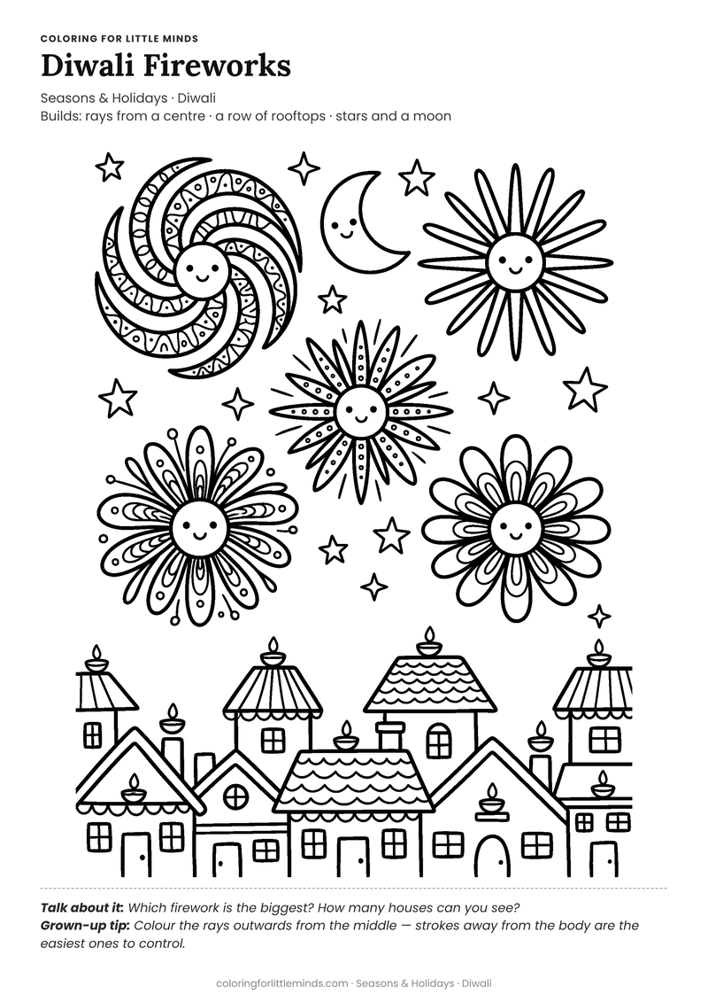 Diwali fireworks coloring page for ages 5–6 — free full-size printable PDF