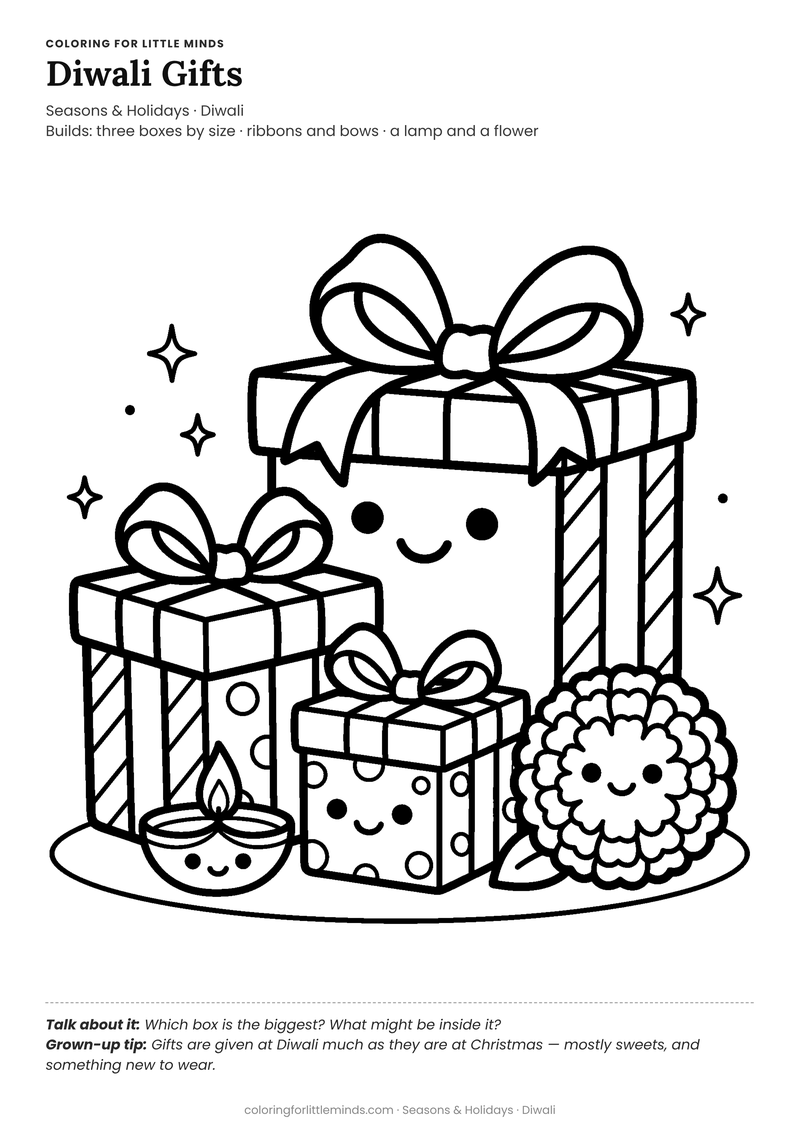 Diwali gifts coloring page for ages 4–5 — free full-size printable PDF