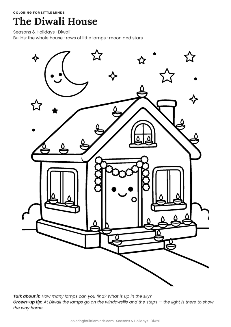Diwali house coloring page for ages 5–6 — free full-size printable PDF