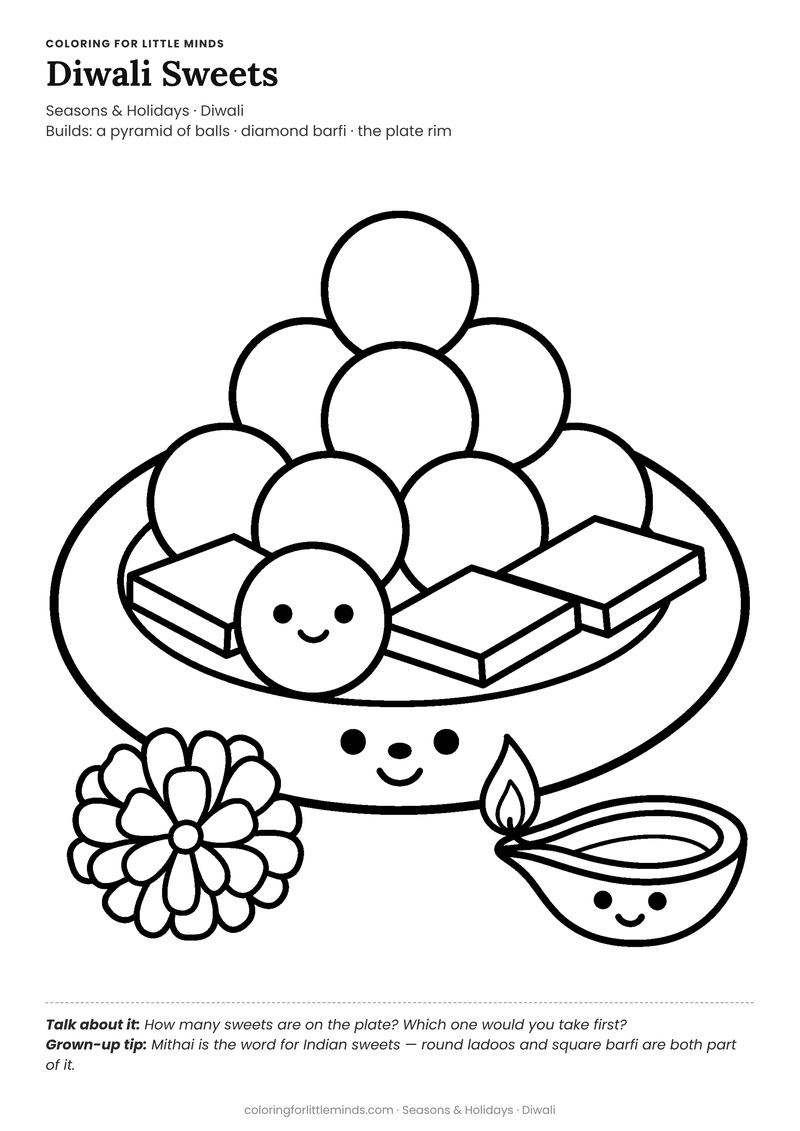 Diwali sweets coloring page for ages 4–5 — free full-size printable PDF