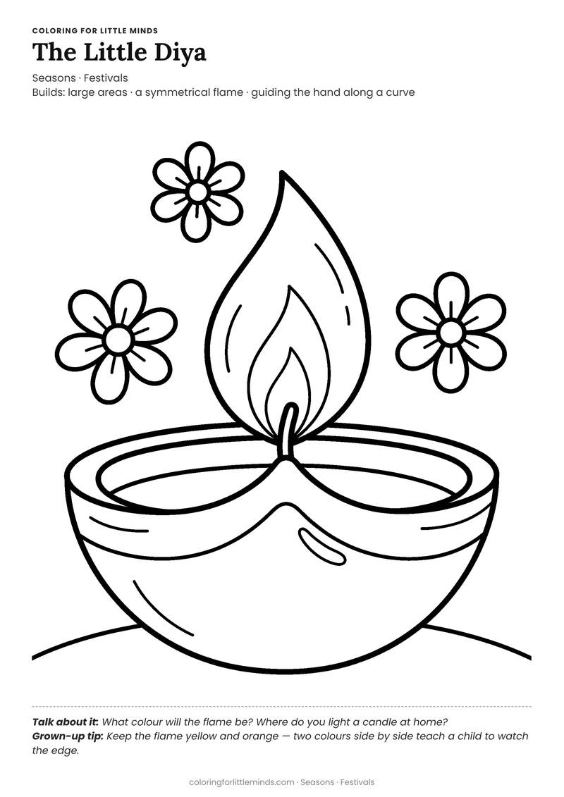 Diya coloring page for ages 3–4 — free full-size printable PDF