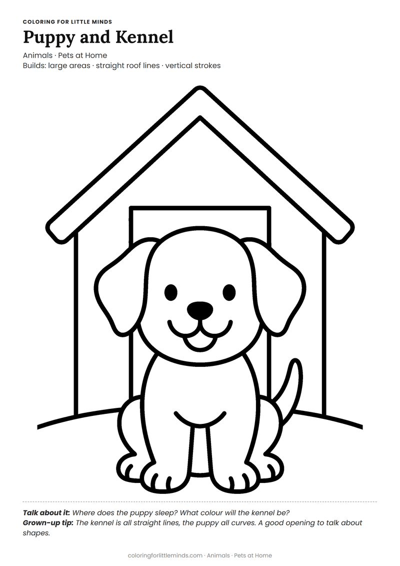 Dog house coloring page for ages 3–4 — free full-size printable PDF