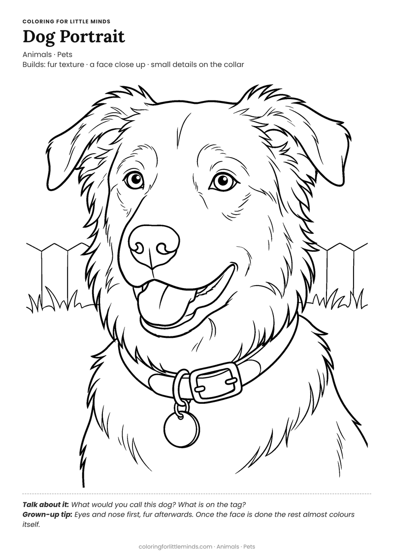 Dog portrait coloring page for ages 6–8 — free full-size printable PDF