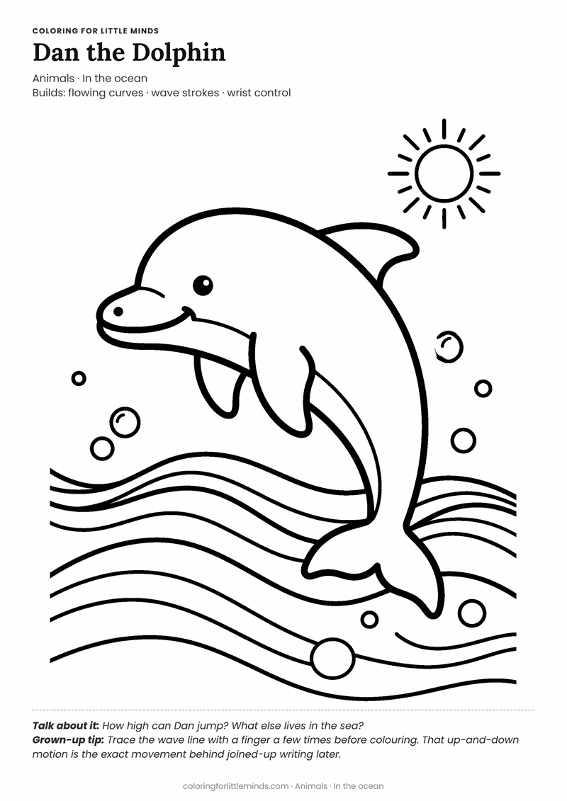 Dolphin coloring page for ages 4–5 — free printable preview