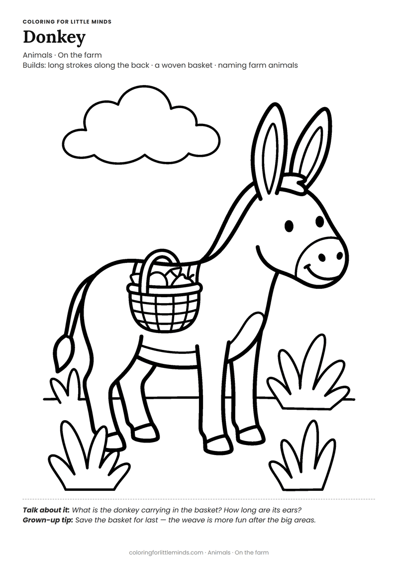 Donkey coloring page for ages 4–5 — free full-size printable PDF