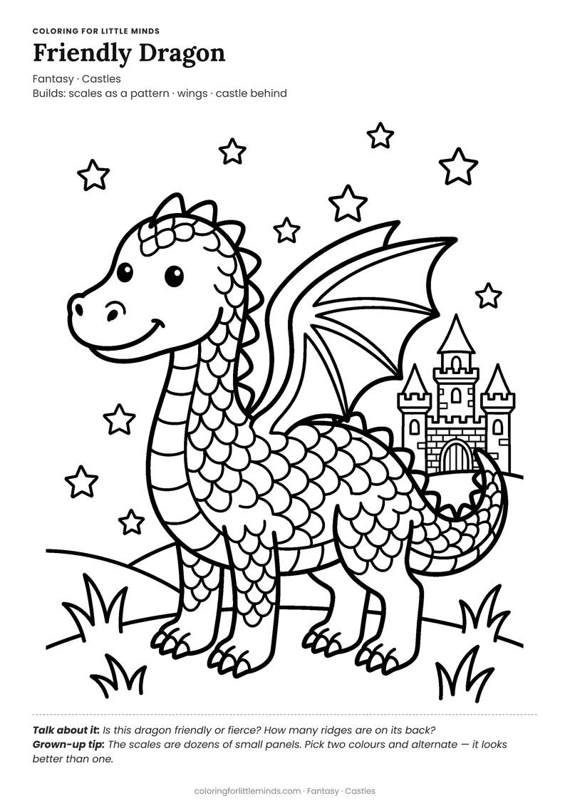Dragon coloring page for ages 5–6 — free full-size printable PDF