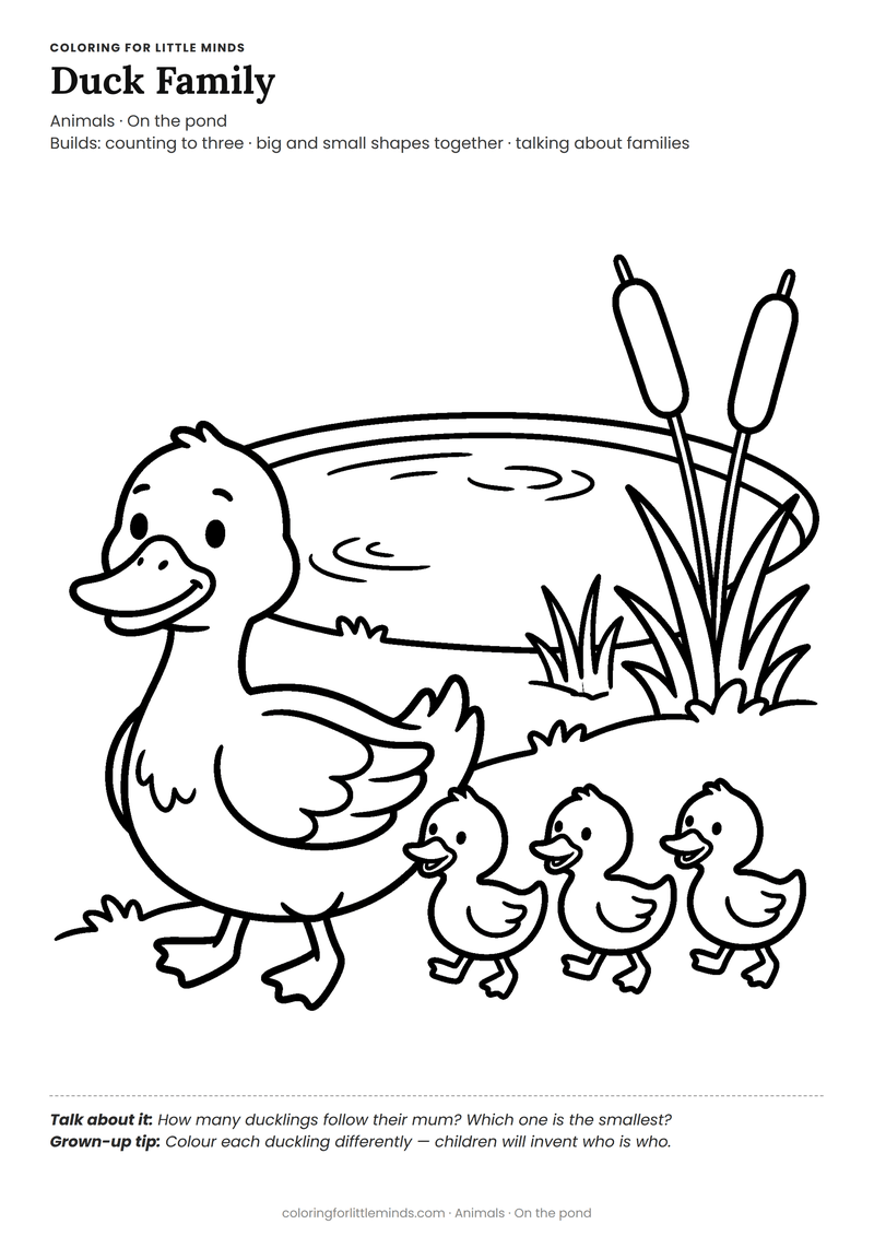 Ducklings coloring page for ages 4–5 — free full-size printable PDF