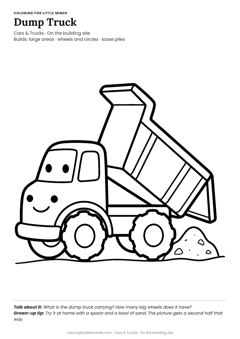 Dump truck coloring page for ages 3–4 — free full-size printable PDF