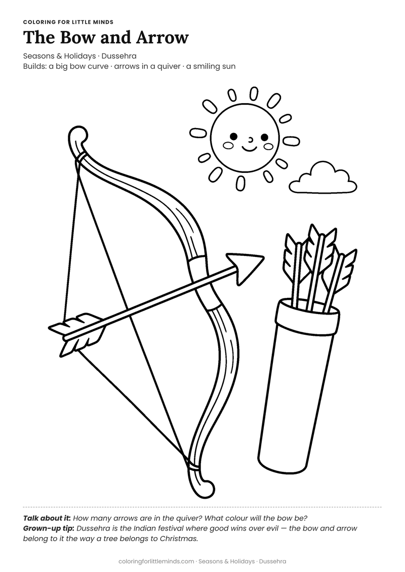 Dussehra bow and arrow coloring page for ages 4–5 — free full-size printable PDF