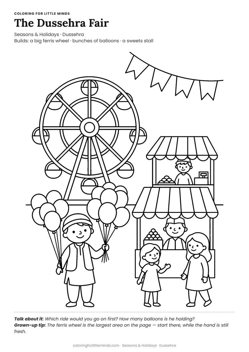 Dussehra fair coloring page for ages 5–6 — free full-size printable PDF