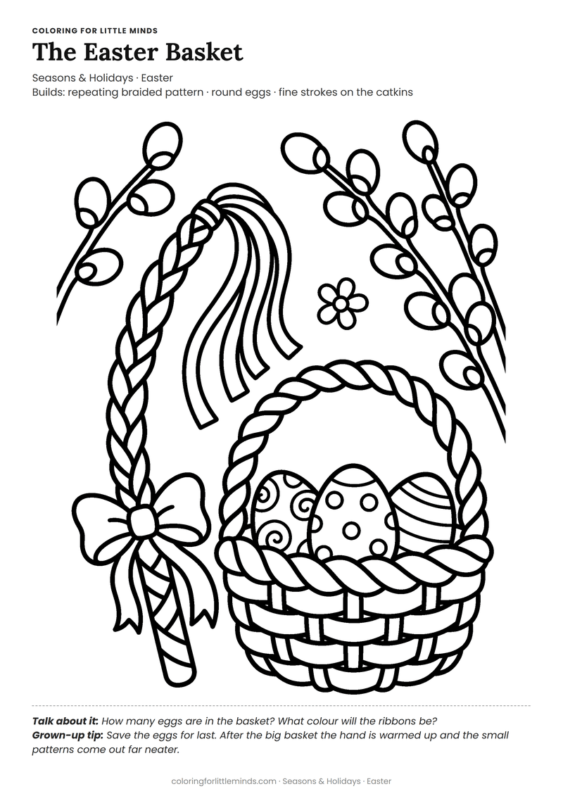 Easter basket coloring page for ages 4–5 — free full-size printable PDF