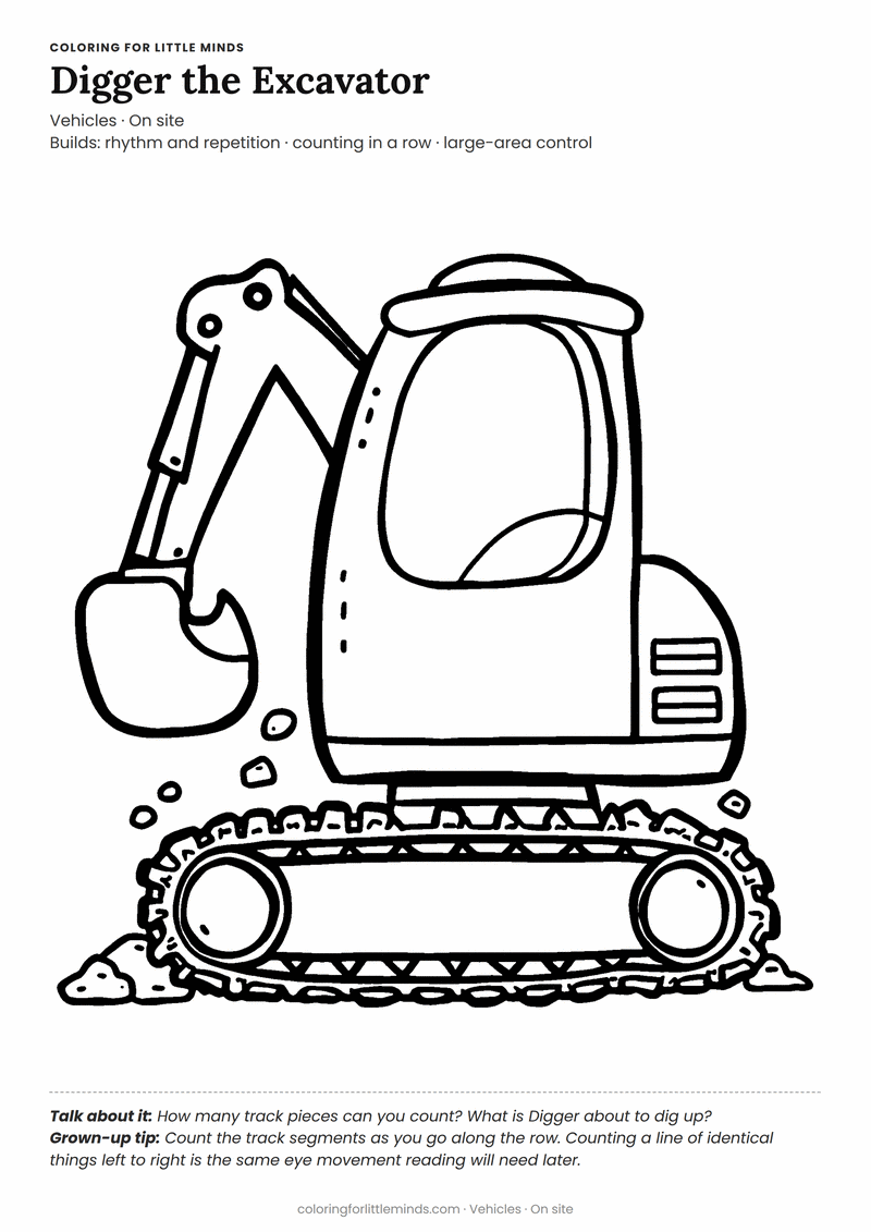 Excavator coloring page for ages 4–5 — free printable preview