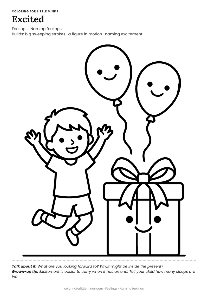 Excited coloring page for ages 4–5 — free full-size printable PDF