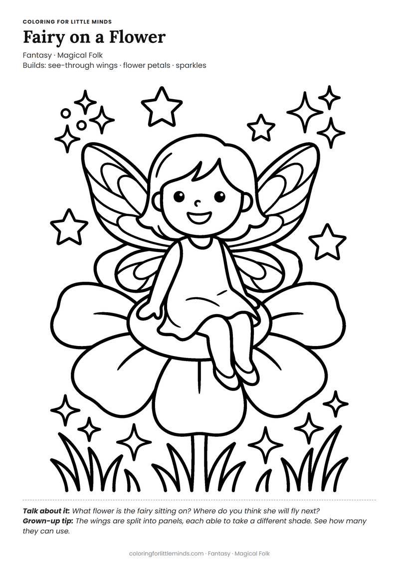Fairy coloring page for ages 4–5 — free full-size printable PDF