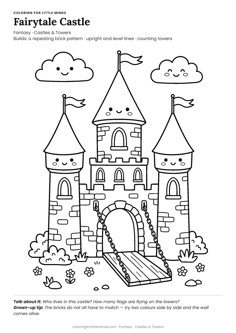Castle coloring page for ages 5–6 — free full-size printable PDF