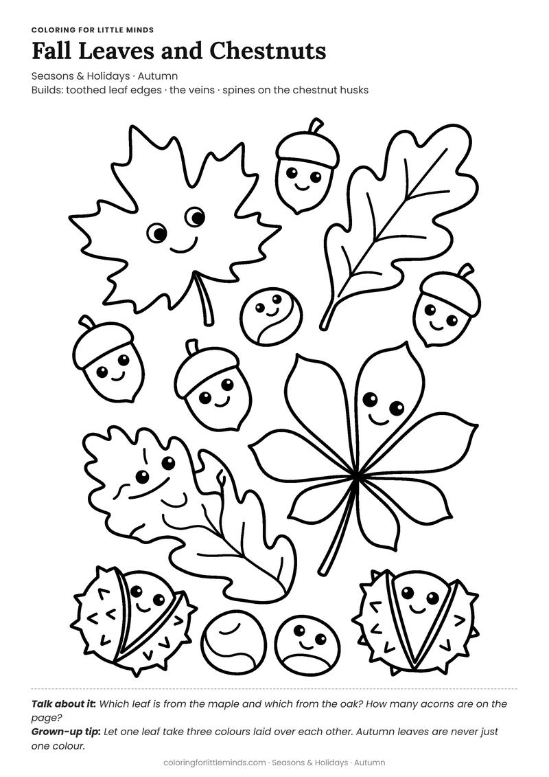 Fall leaves coloring page for ages 5–6 — free full-size printable PDF