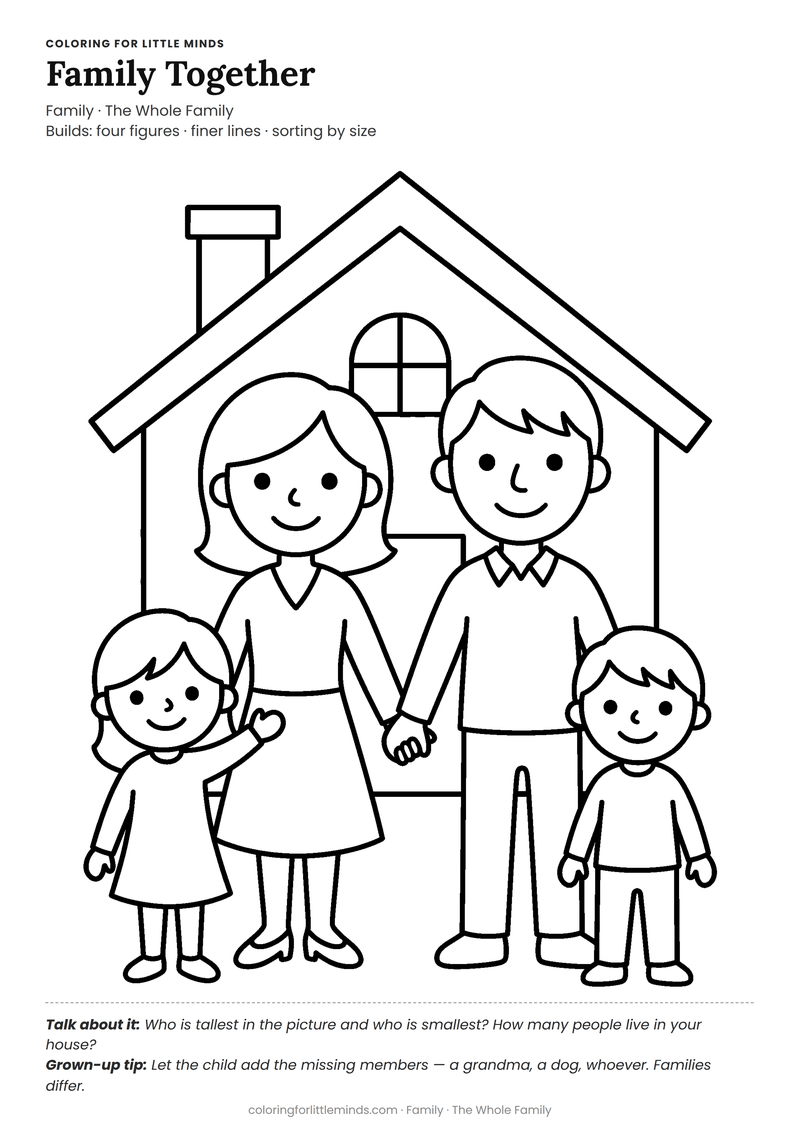Family coloring page for ages 5–6 — free full-size printable PDF