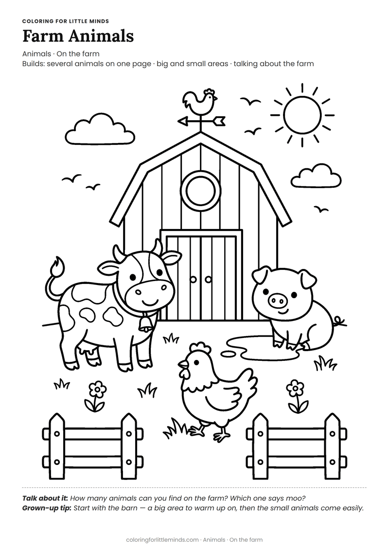 Farm animals coloring page for ages 5–6 — free full-size printable PDF