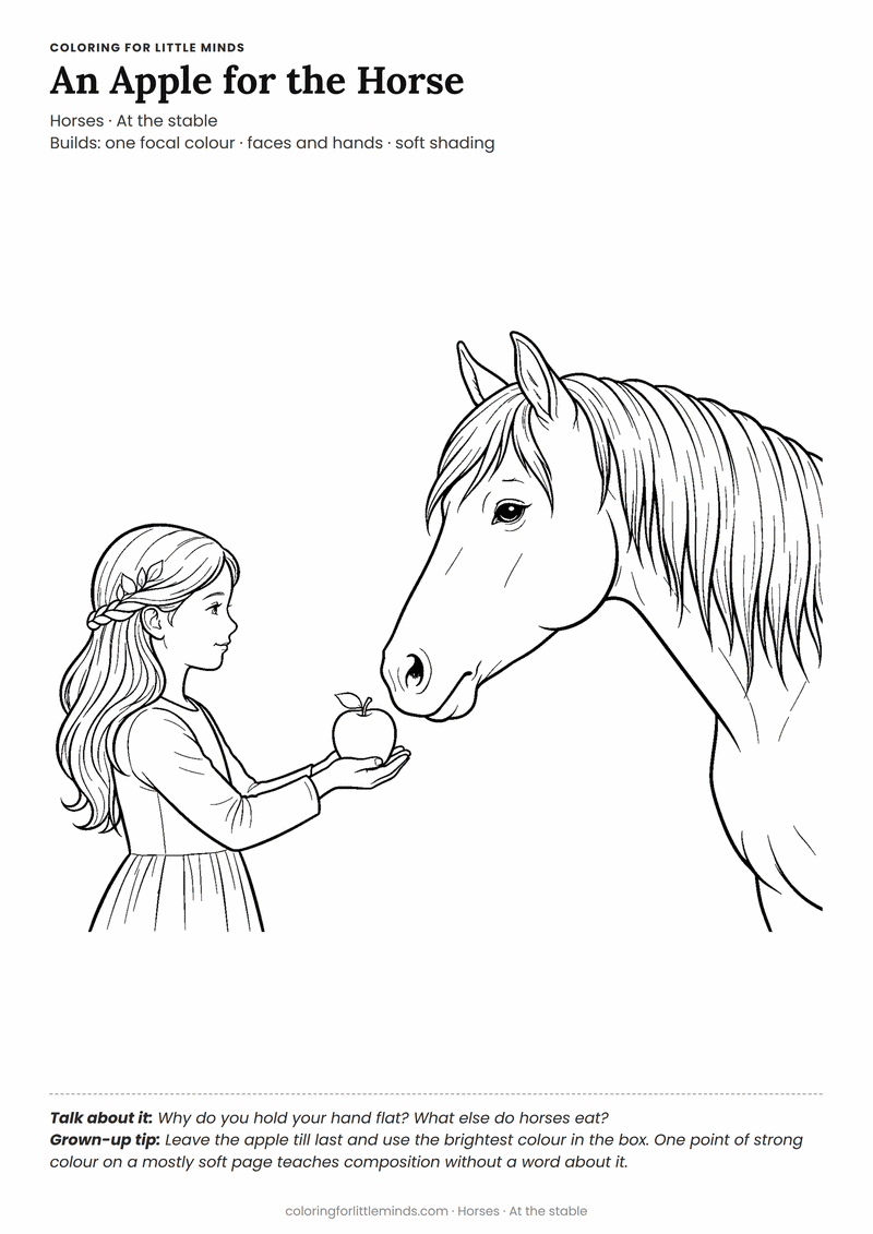 Feeding a horse coloring page for ages 6–8 — free printable preview