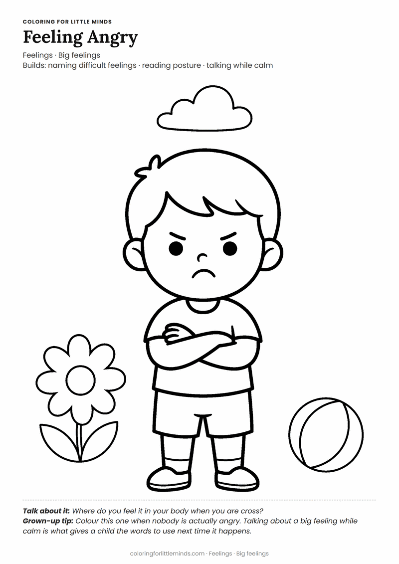 Angry coloring page for ages 4–5 — free printable preview