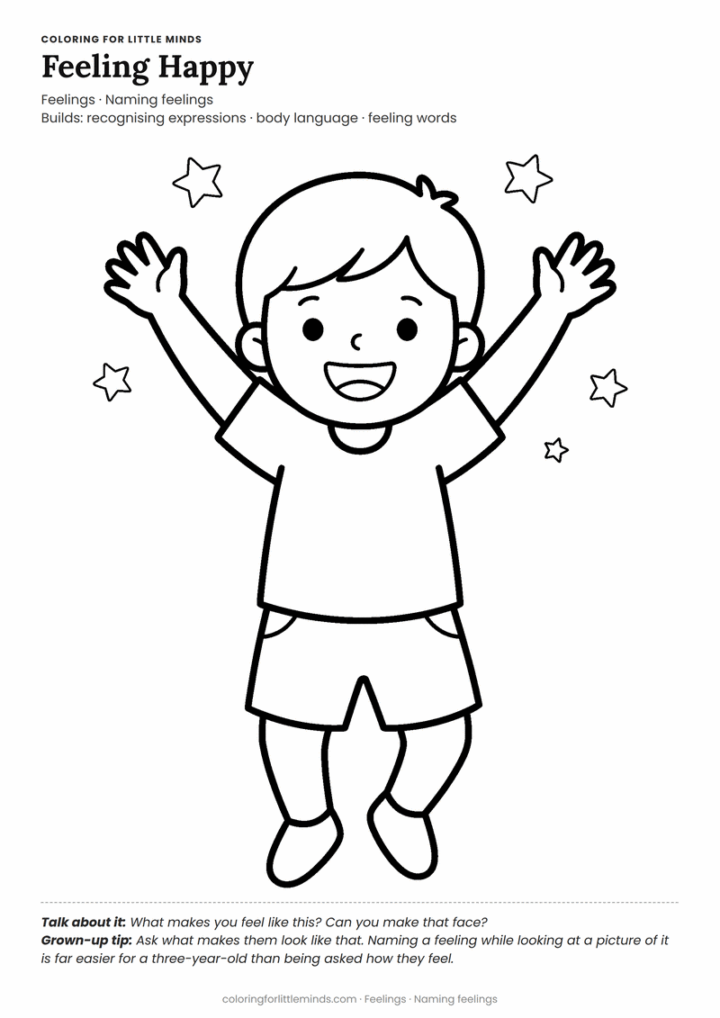 Happy face coloring page for ages 3–4 — free printable preview